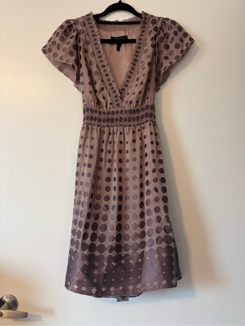 BCBGMaxAzria Taupe Polka Dot V-Neck Midi Dress